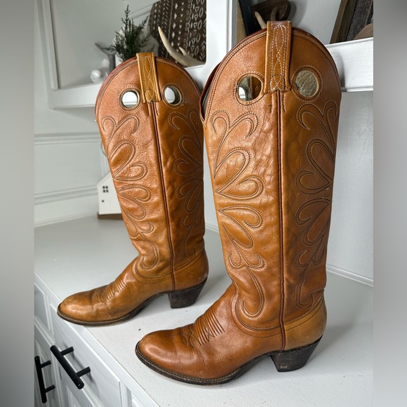 Dan Post Shoes - Vintage Dan Post Women’s Western Boots 7C Rare Pull-Hole Style, Tan Leather USA
